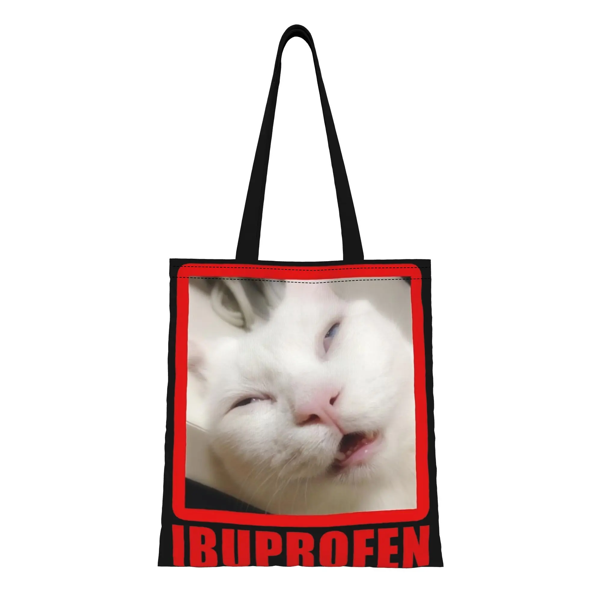 1PC Large Capacity Weird Cat Ibuprofen Cat Meme Canvas Tote Bag Foldable Chic Pattern No Closed Design