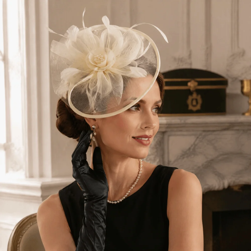 Party Exquisite Feather Fascinator Hat Elegant French Vintage Kentucky Hat Mesh Flower Bridal Headband Photography