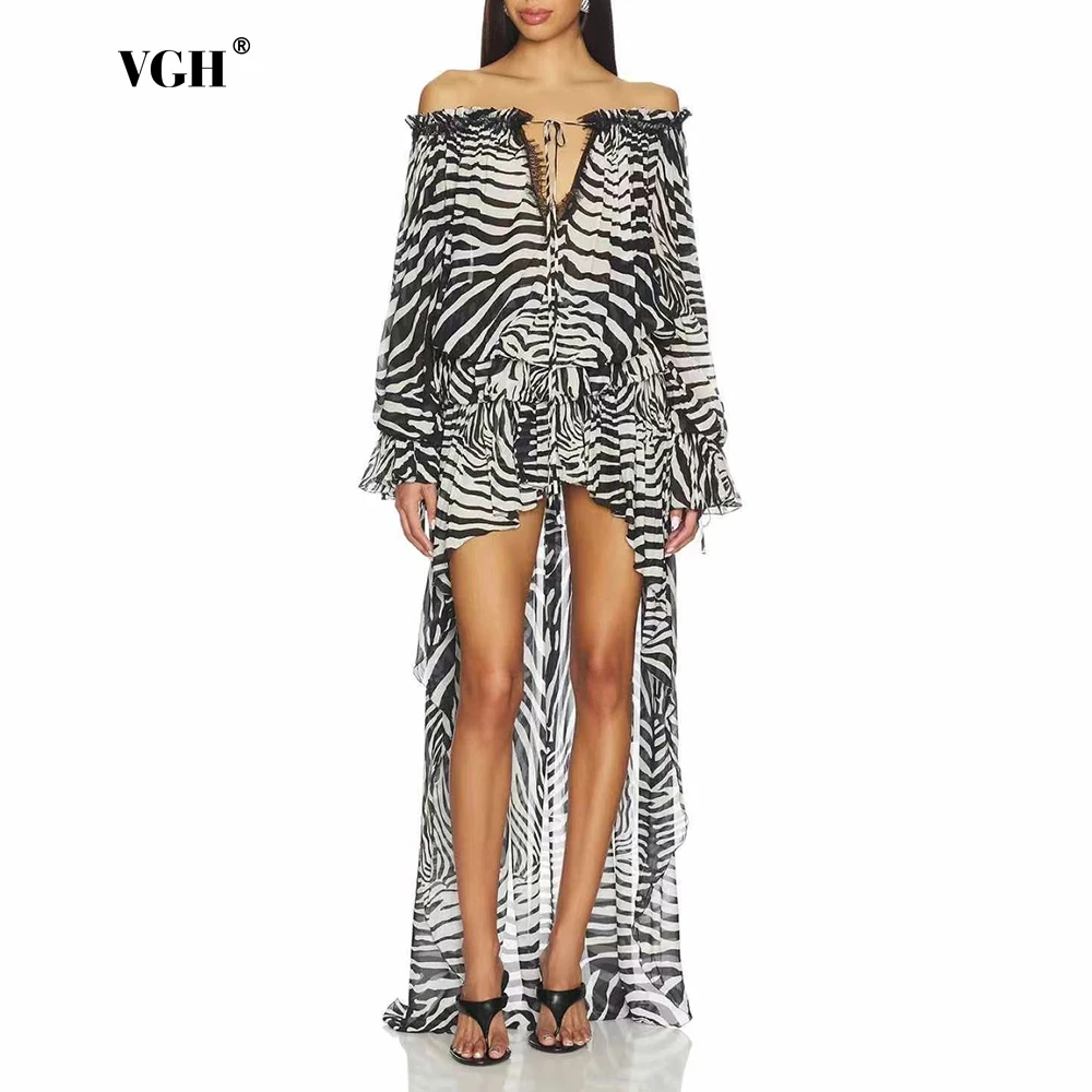 

VGH Zebra Print Two piece set for women Off Shoulder long sleeves Ruffle Trim top irregular hem skirt suit for Beach Vacation