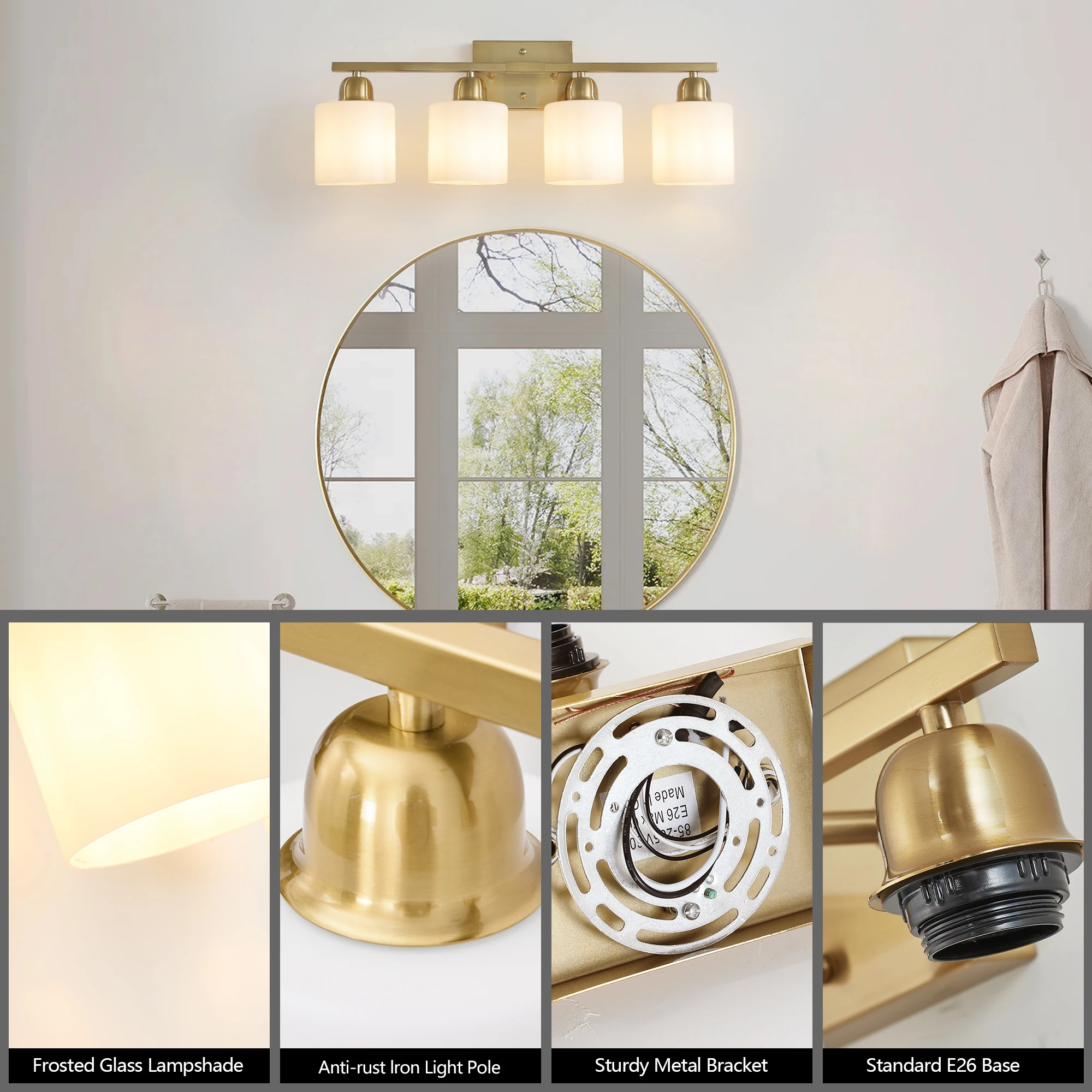 L001029-W4B/C/G Frosted Glass Lampshade Mirror Front Light, Rust-Proof and Waterproof, Suitable for Bathroom Vanity, Power Supply Hardwired, Compatible with E26 Light Source, North American Ul Certified, Minimalist Style