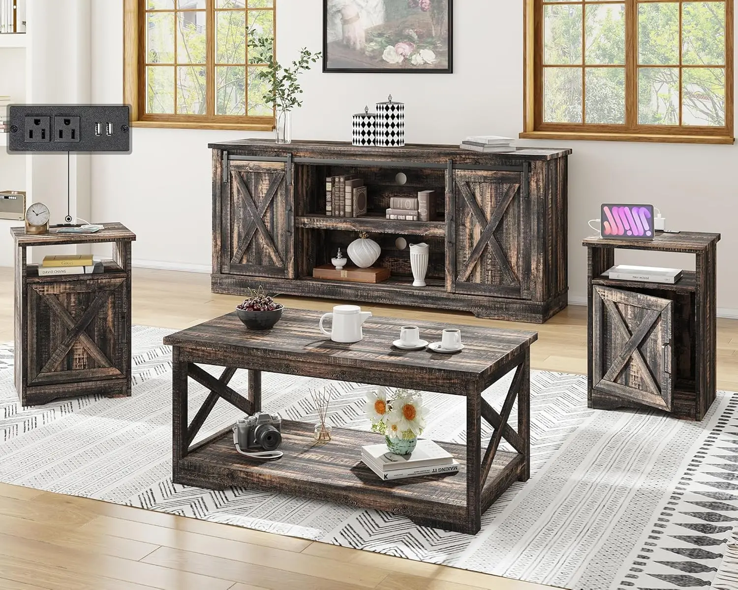 4-Piece Farmhouse Table Set Includes Sliding Barn Door TV Stand, Charging Station and USB Ports, for Living Room, Dark Oak, 66