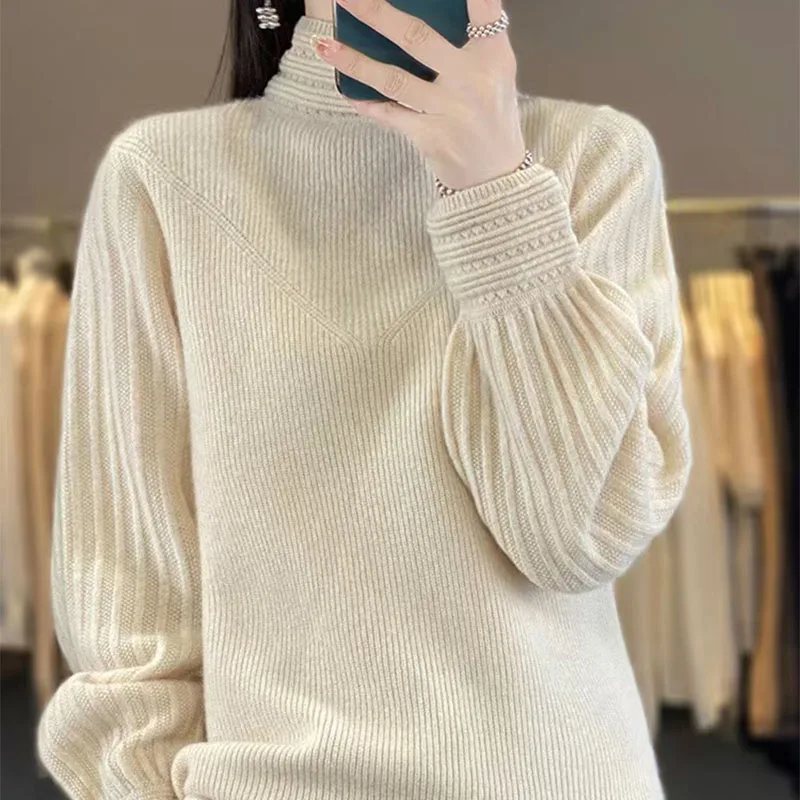 

Autumn And Winter New Women's Knitted Semi-High Neck Loose Pullover Solid Color Slim Knit Bottoming Sweater