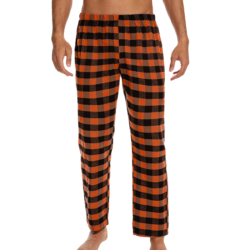 Men\'s fashion casual pajama trousers soft and comfortable loose elastic waistband plaid comfortable straight home leisure trouse