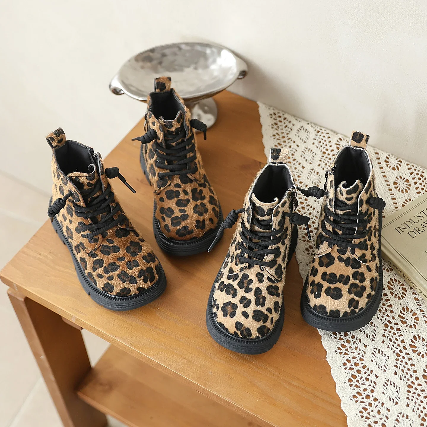 Toddler Boots Kids Leopard Print Faux Fur Ankle Pattern Side Zipper Non-Slip Thick Sole Lightweight Casual Walking Short Booties