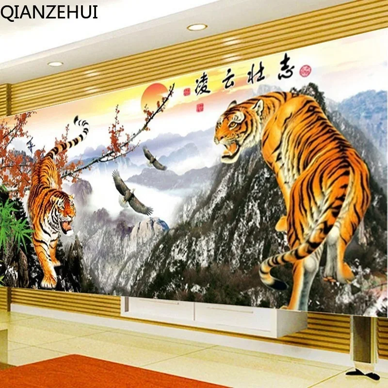 DIY full Diamond Embroidery,Round Diamond Tiger Climbing the Mountain Living room decoration rhinestone beads Diamond painting