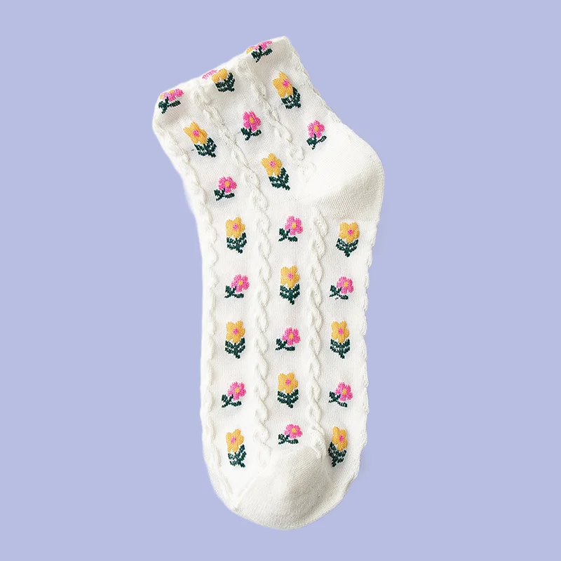 Chaussettes en coton à tube court pour étudiants, style collège, petites fleurs douces pour filles, printemps et été, 5/10 paires