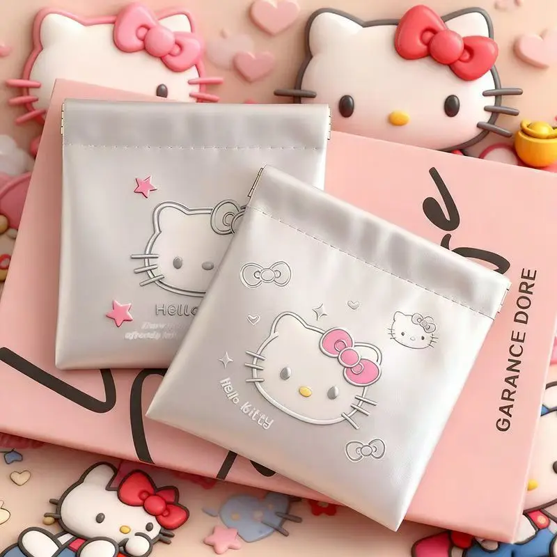Sanrio Hello Kitty Silver PU Waterproof Mini Coin Purse Squeeze-Top Pouch Earphone Cable Organizer Portable Makeup Bag