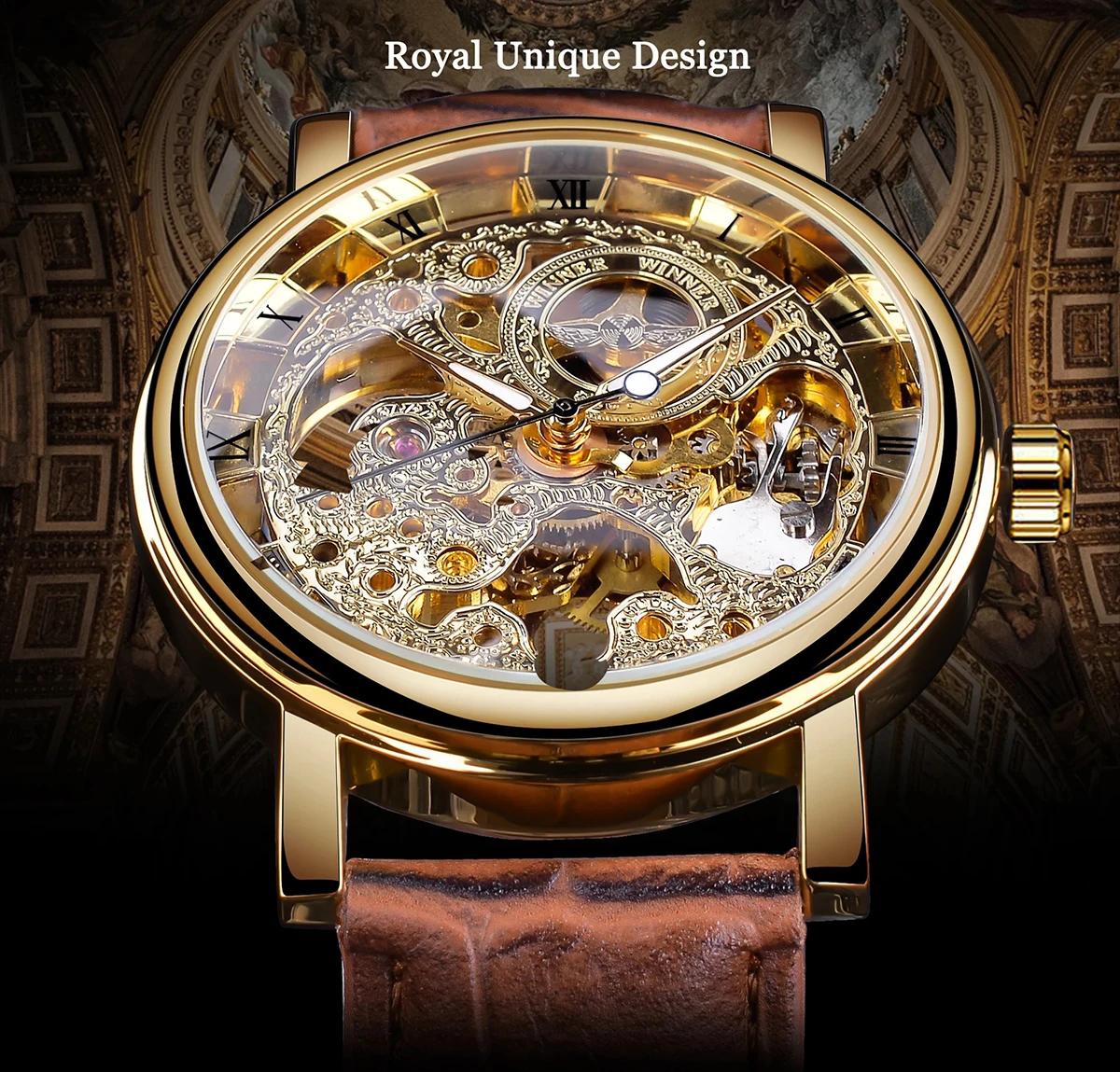 Winner Luxury Gold Skeleton Watches Men Brown Leather Strap Mechanical Hand Wind Wristwatches Men Cheap Price Free Shipping 2022