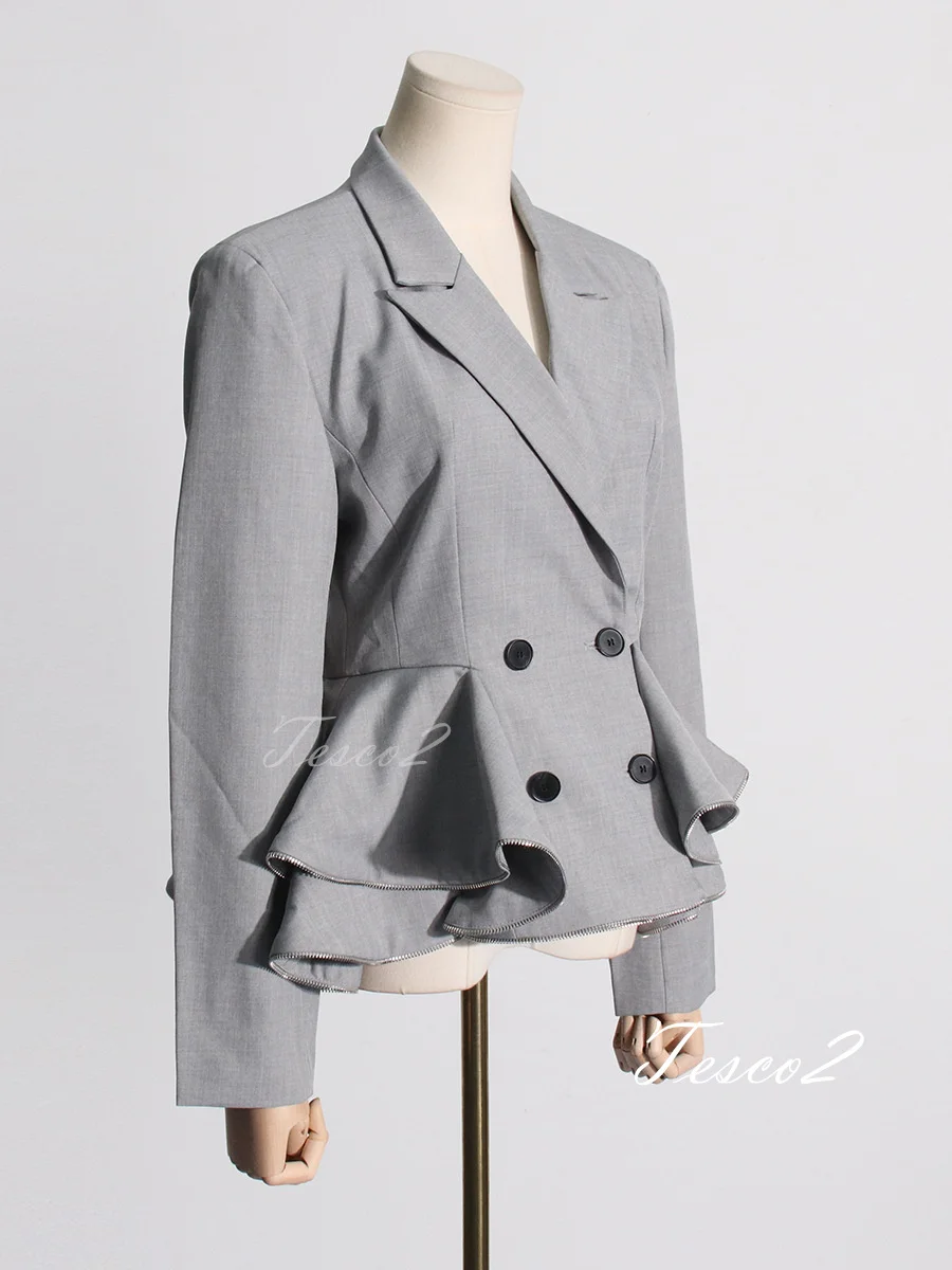 Tesco-Blazer à double boutonnage pour femme, veste à manches longues, design à volants, gris imbibé, noir, senior, streetwear, nouveau