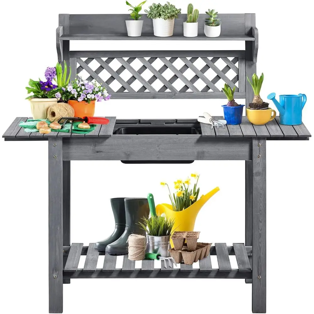 

Potting Bench Table Outdoor Garden Potting Table Wooden Workstation w/Sliding Tabletop Removable Sink w/Storage Shelf Flower Pot