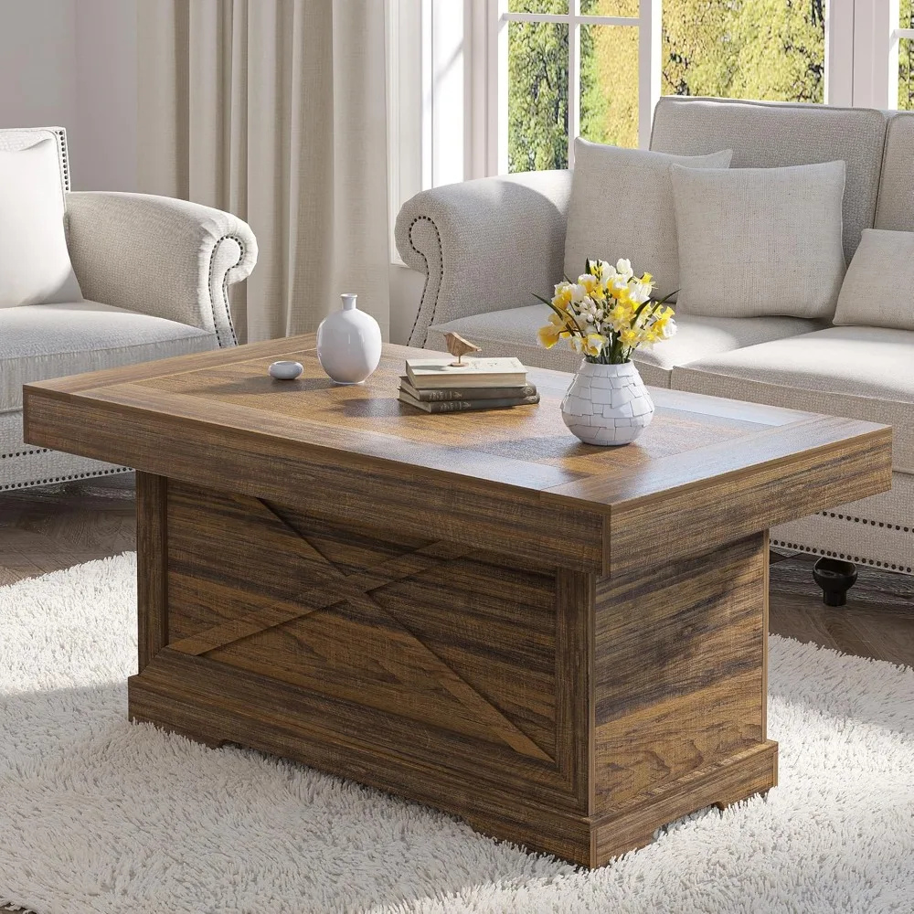 

Coffee Table 39 in Rustic Center Table with X-Design Wooden Pedestal for Living Room, Space Saving, Rectangle Home Office Tea Ac