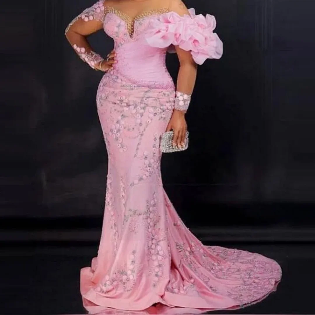 

Appliques Ruffles Illusion Long Sleeves Plus Evening Dress Lace Prom Dresses Mermaid Party Gowns For African Women Customized