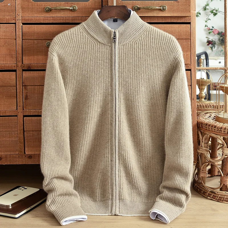 Winter thickened pure cashmere cardigan for men with half high neck zipper, solid color, middle-aged Korean casual jacket  men