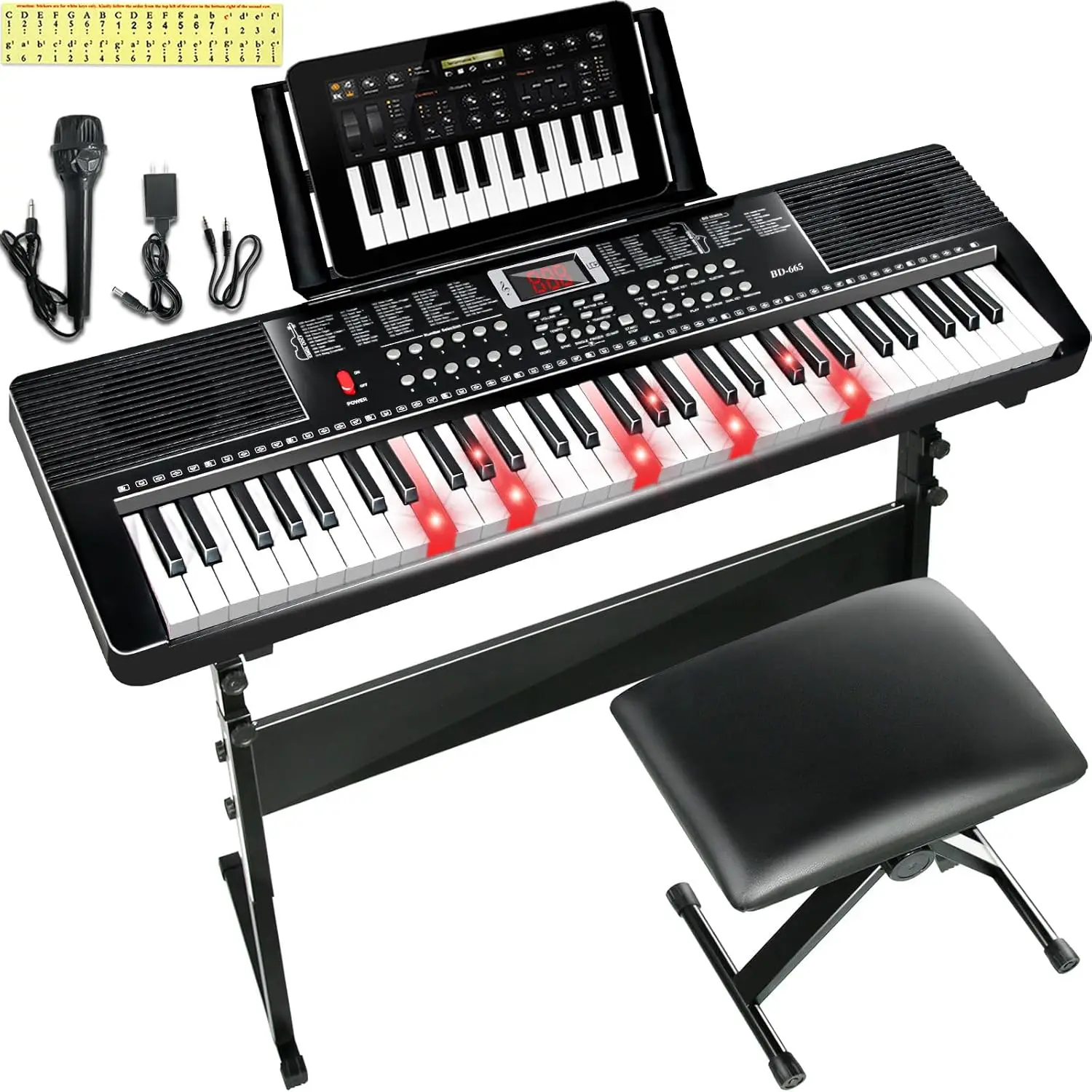 61 Key Keyboard Piano for Beginner Electric Piano Keyboard Set w/Stand, Bench,Light Up Keyboard, LED Screen, Dual-Speakers,