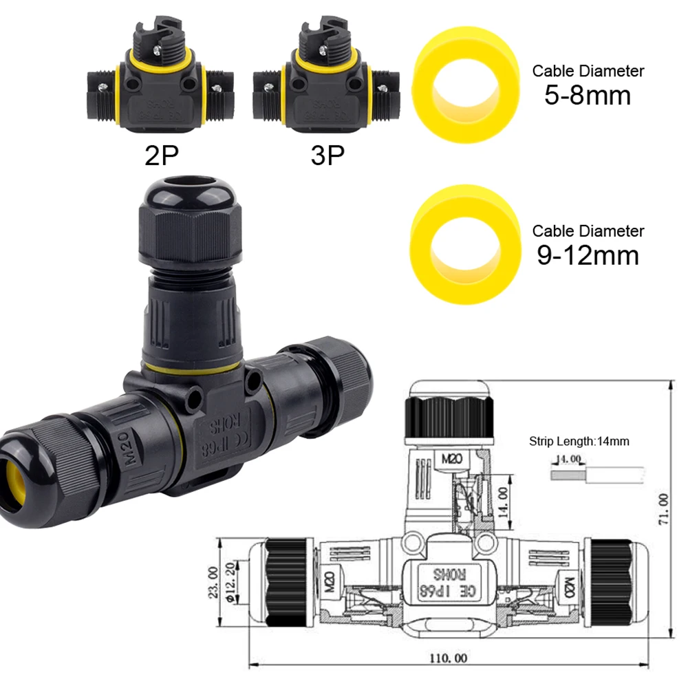 IP68 T-type 3 Way M20 Waterproof Cable Connector 2 Pin 3 Pin Screw Terminal Adapter For Electrical LED Light Wire Connector