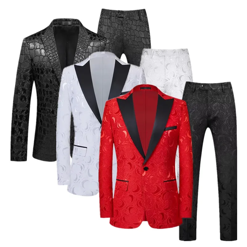 High End Gentleman Jacquard Suit Men Clothing Red Black White Fashion Luxury Male Wedding Party Dress Slim Fit Blazer and Pants