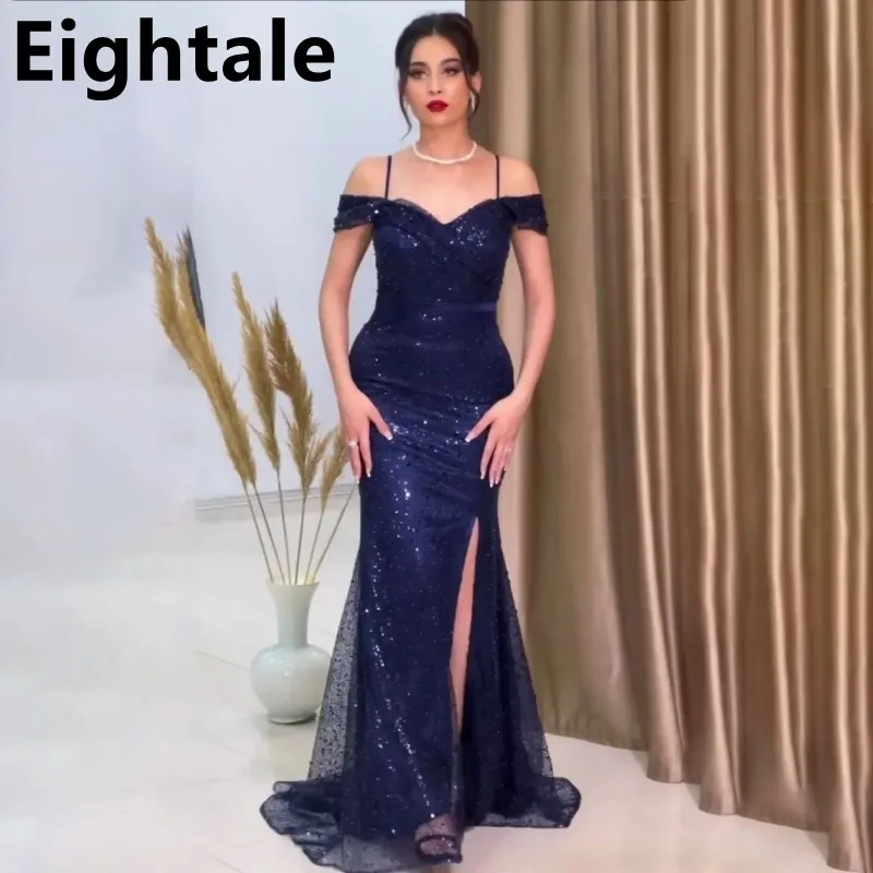 

Eightale 2025 Navy Blue Sequins Mermaid Off Shoulder Side Slit Prom Dress Evening Dress Women Formal Party Gown Robes De Soirée