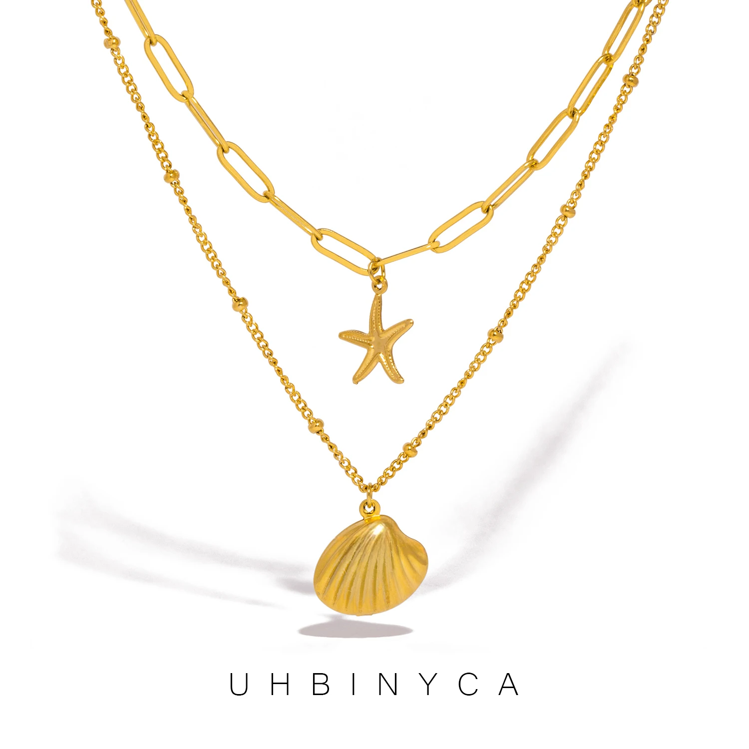 UHBINYCA Double Layered Chain Necklace for Women, Summer Beach Seashell Starfish Pendant, Stainless Steel Waterproof Jewelry