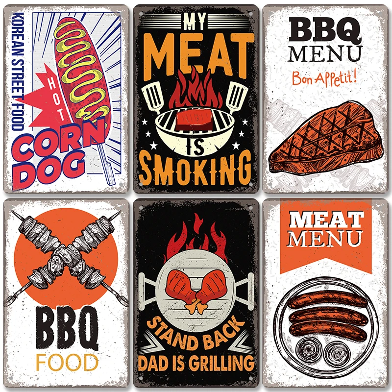 Vintage Barbecue Plaques Metal Tin Signs Grill Meat Steak Sausage Retro Metal Plate Wall Decor BBQ Party Shop Dining Room