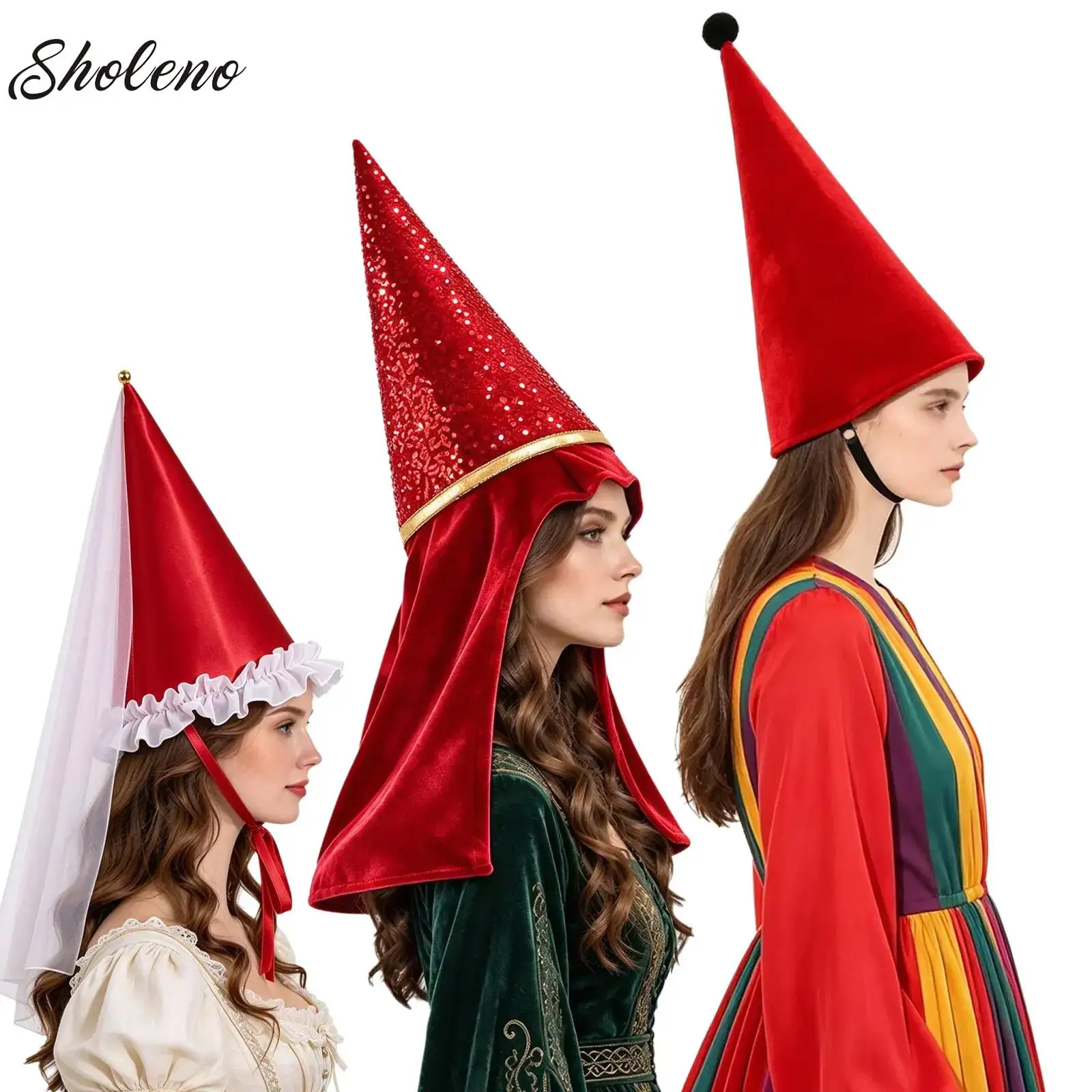 Women Velvet Witch Wizard Hat Sequin Pointed-top Elf Headgear Medieval Princess Cap Christmas Halloween Cosplay Party Supplies