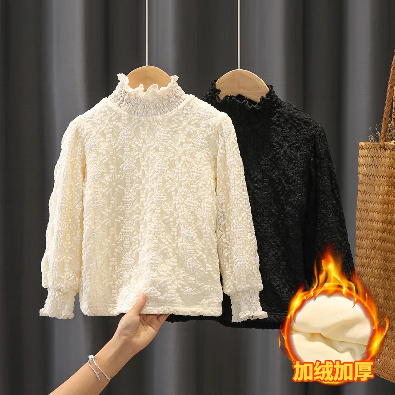 Mädchen Spitze Gepolsterte Hemd Kinder Winter Warme Thicked Lange ärmeln Bluse Kinder Herbst High-neck Kleidung Teenager Casual Pullover