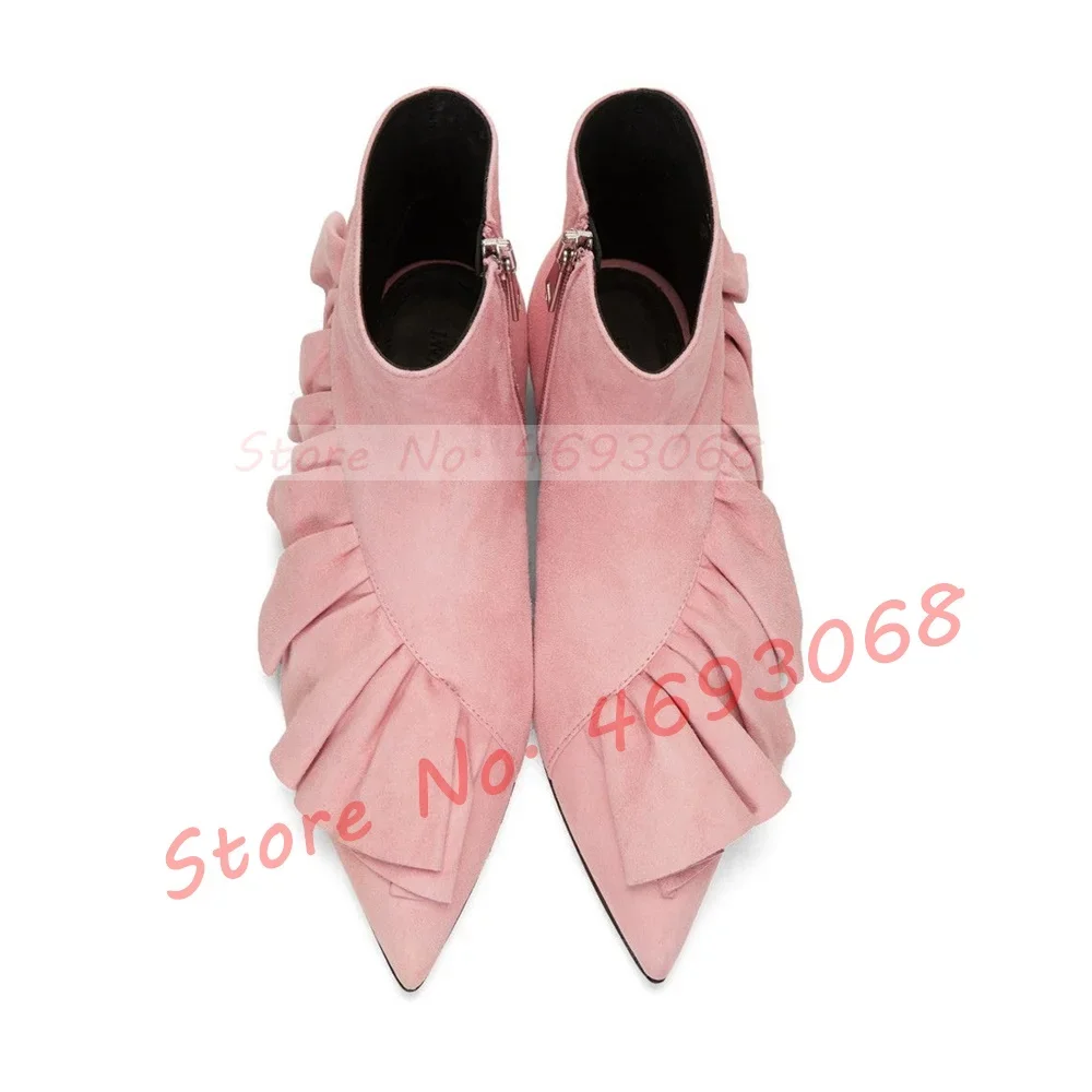 Camel Frill Detail Pointy Toe Ankle Boots Women Trendy Ruffle Suede Leather Booties Luxury Block Low Heels Side Zipper Shoes