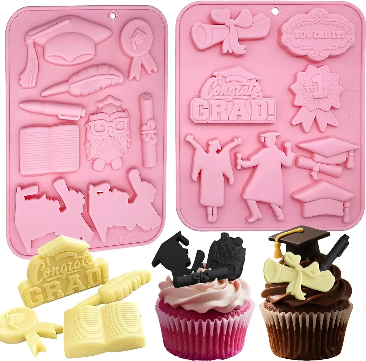 Graduation Theme Silicone Candy Fondant Molds With Cap Diploma Owl Doctoral Pens Books Baking Mold for Graduation Celebration