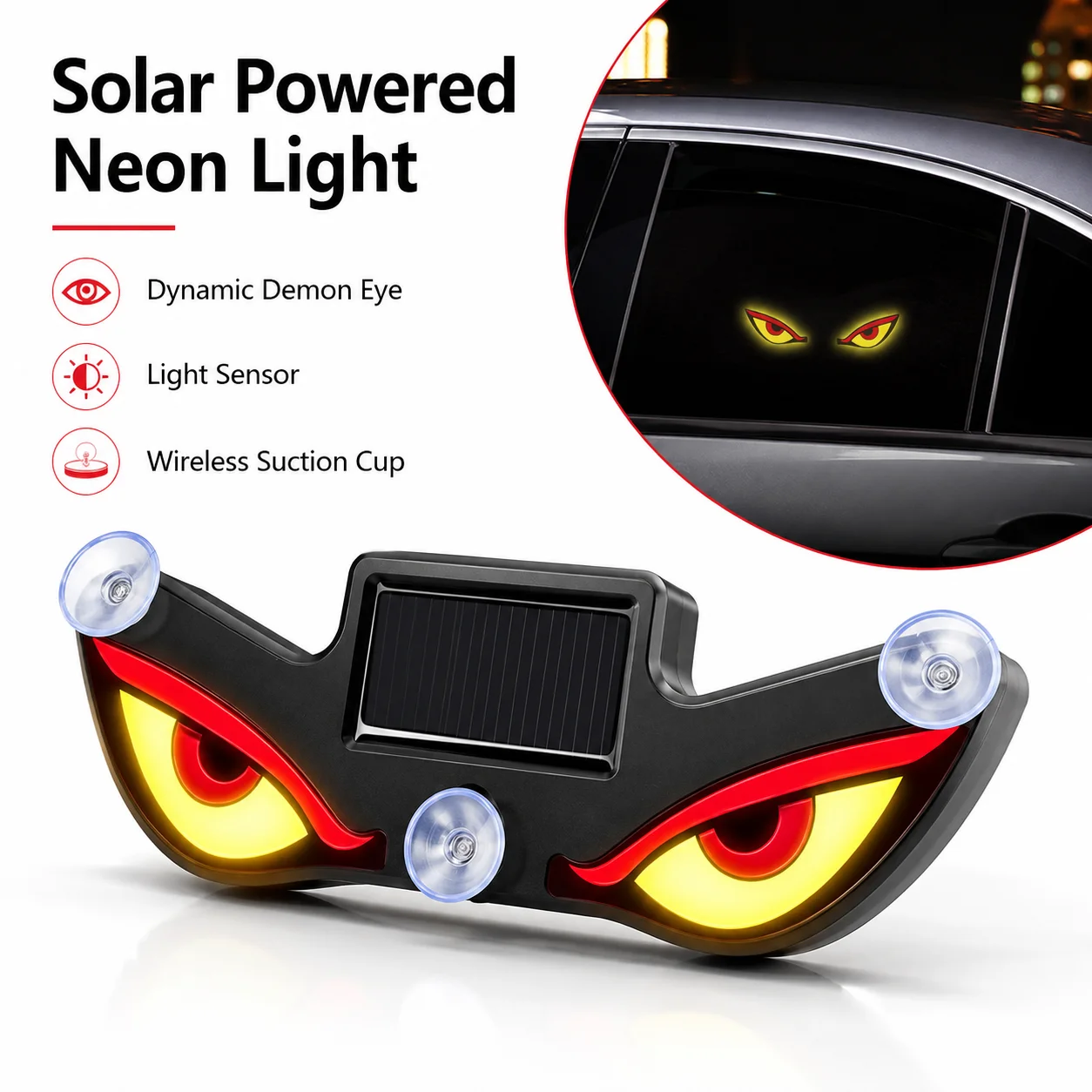 Solar Powered Demon Eye Neon Light Dynamic LED Car Triangle Window Warning Atmosphere Lamp Type C Rechargeable