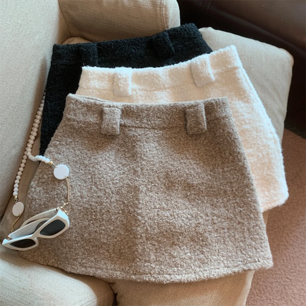 Women Khaki Mini Skirt Vintage Korean Style Y2k Gyaru A-line Wrap Skirt Harajuku Short Woolen Skirt 2000s Clothes Autumn Winter