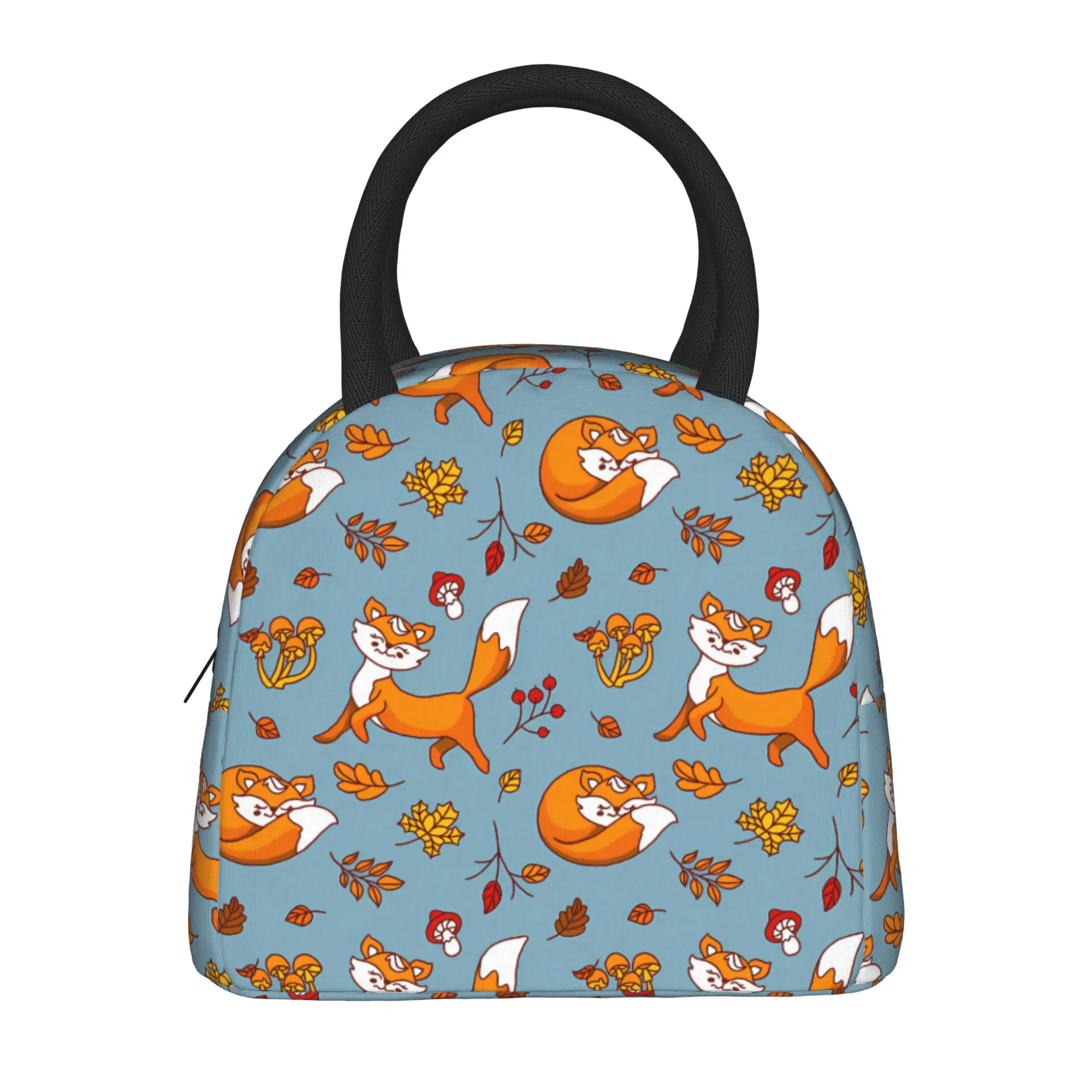 Cute Foxes Light Blue Autumn Pattern Lunch Bag  Lunch Box Child School Designer Cooler Bag Fun Waterproof Thermal Tote Handbags