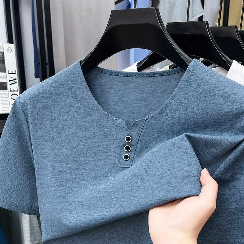 Business Daily Herren-T-Shirt mit kleinem V-Ausschnitt, weicher Strick, schweißresistent, kühl, leicht, für den Sommer, einfache Kleidung