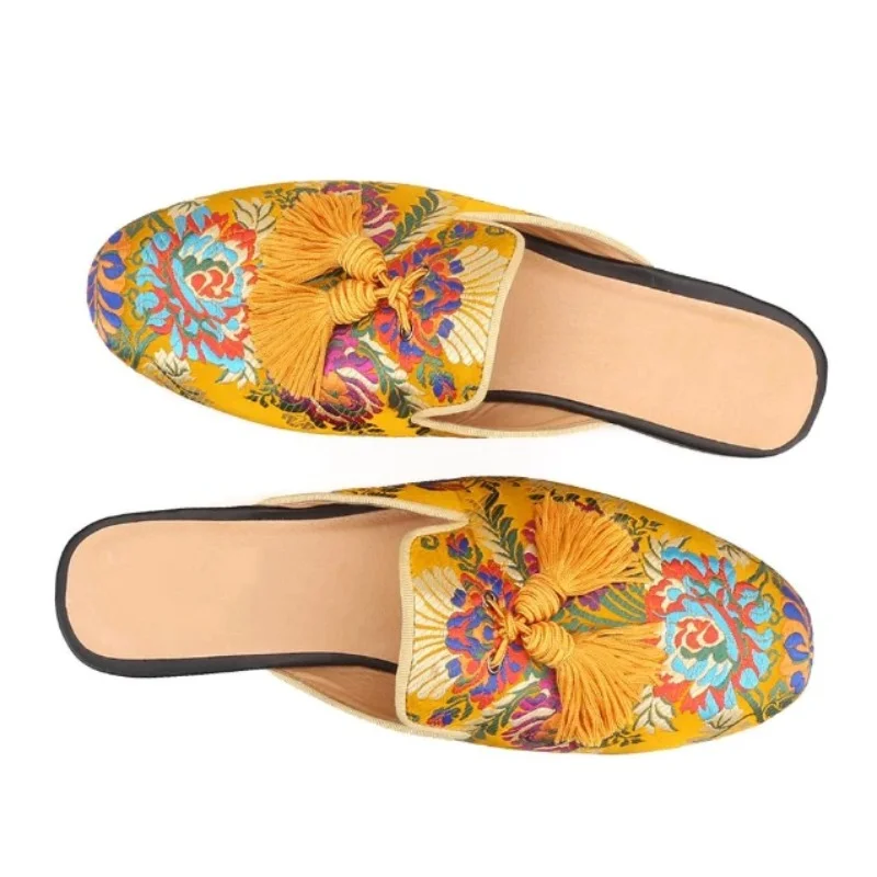 New Loafers for Men Yellow Floral Tassels Round Toe Men Dress Shoes Party Men Shoes Size 38-48