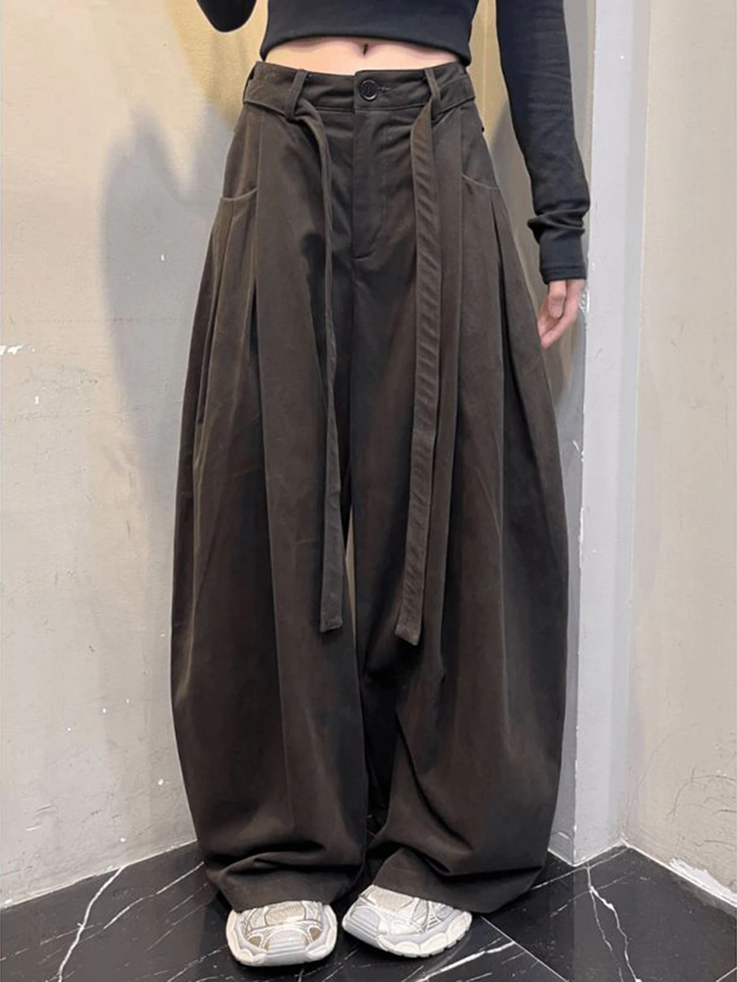 

Folded Work Trousers Deep Brown Khaki Men Women Sle Autumn Winter Drifting Belt Design Paratrooper Pants Casual Straight Le...