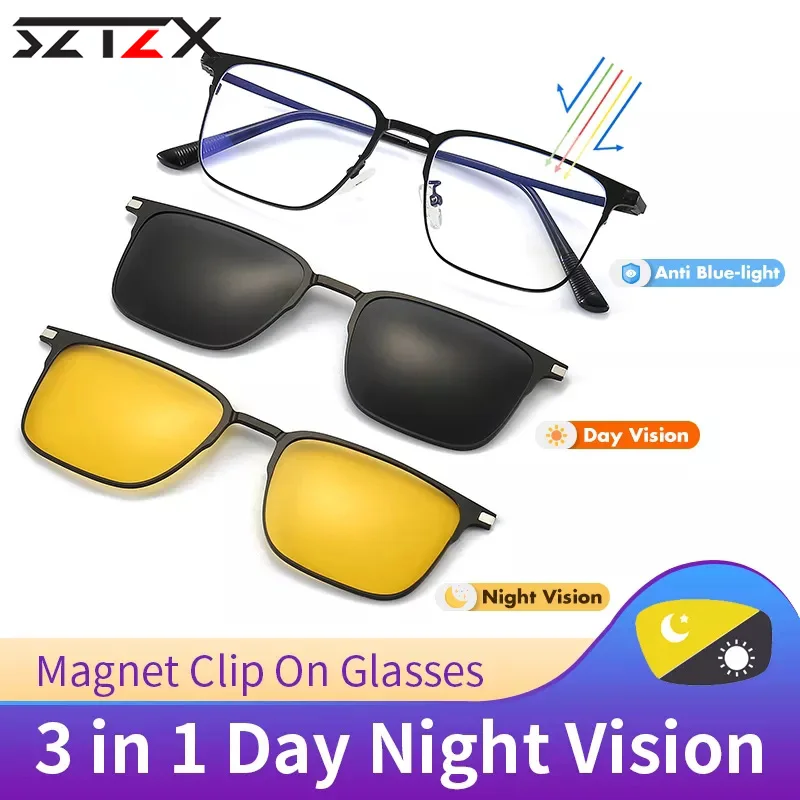 SZTZX Ultralight Titanium Magnet Clip Optical Hyperopia Glasses For Men Myopia Prescription Reading Glasses Polarized Sunglasses