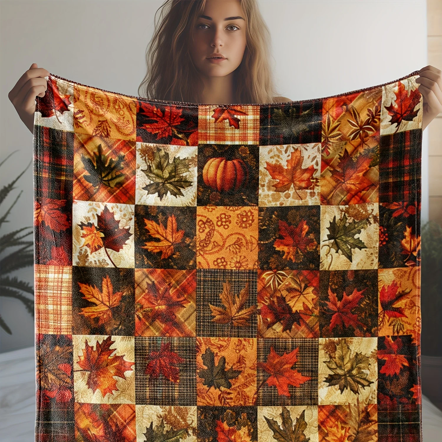 

1 шт. осеннее лоскутное одеяло с кленовым листом и тыквой, идеально подходит для декора на День Благодарения