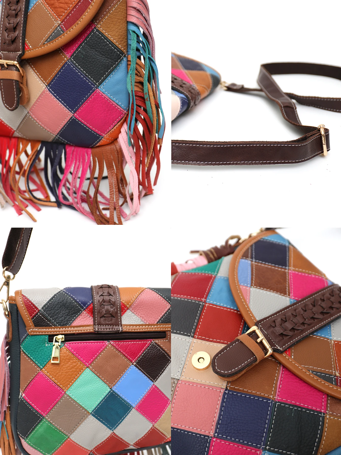 SC Vintage Casual Women Shoulder Handbags Multicolor Leather Patchwork Flap Saddle Bags Tassel Genuine Cow skin Crossbody Purses