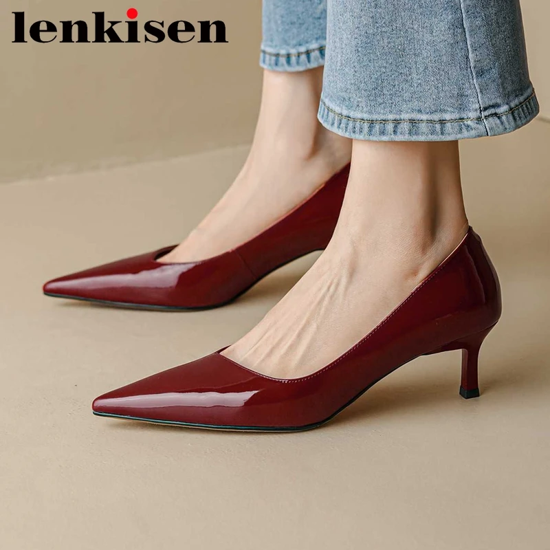 

Lenkisen Big Size Sheep Patent Leather Pointed Toe Thin High Heel Office Lady Daily Wear Shallow Slip on Solid Women Pumps L37