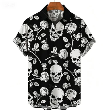 Black and White Skeleton Rose Men's Hawaiian 3D Print Short Sleeved Shirt