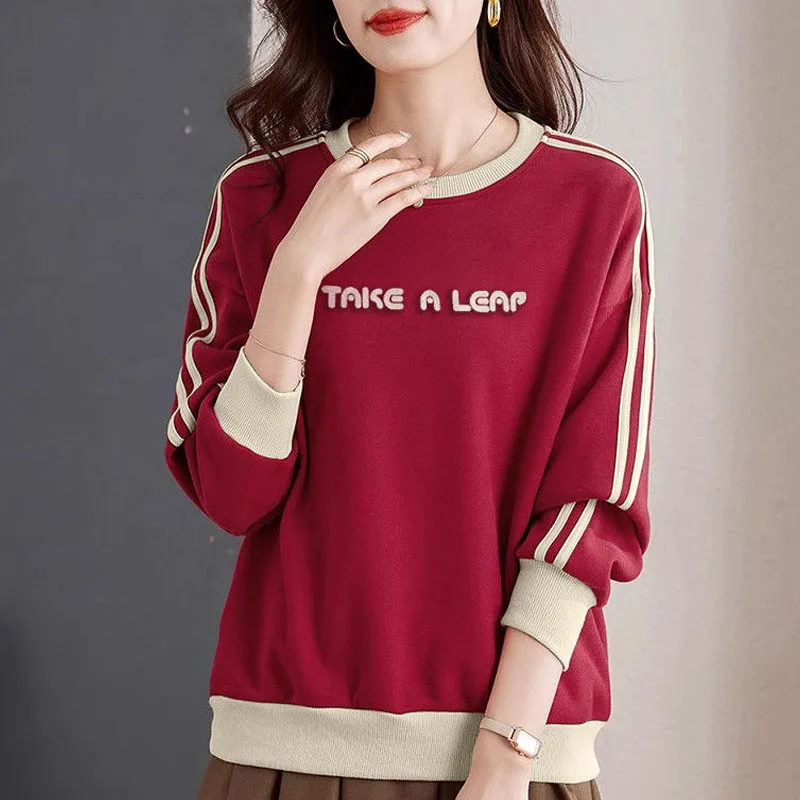 New Spring and Autumn Fashion Splice Letter Embroidery Foreigner Versatile Loose Round Neck Casual Women\'s Long Sleeve Sweater