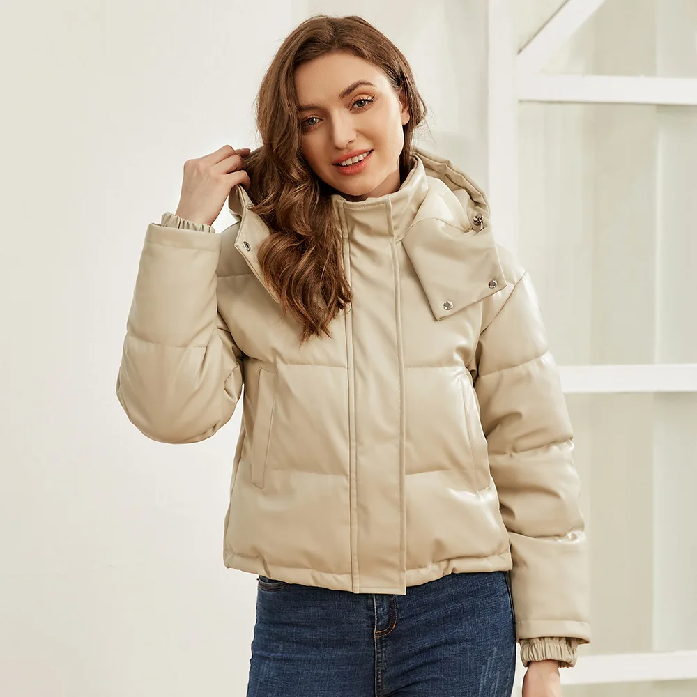 Women Winter Vintage Faux Leather Loose Hooded Pockets Cotton Jackets Fashion Warm Thick PU Parkas Female Outerwear Tops