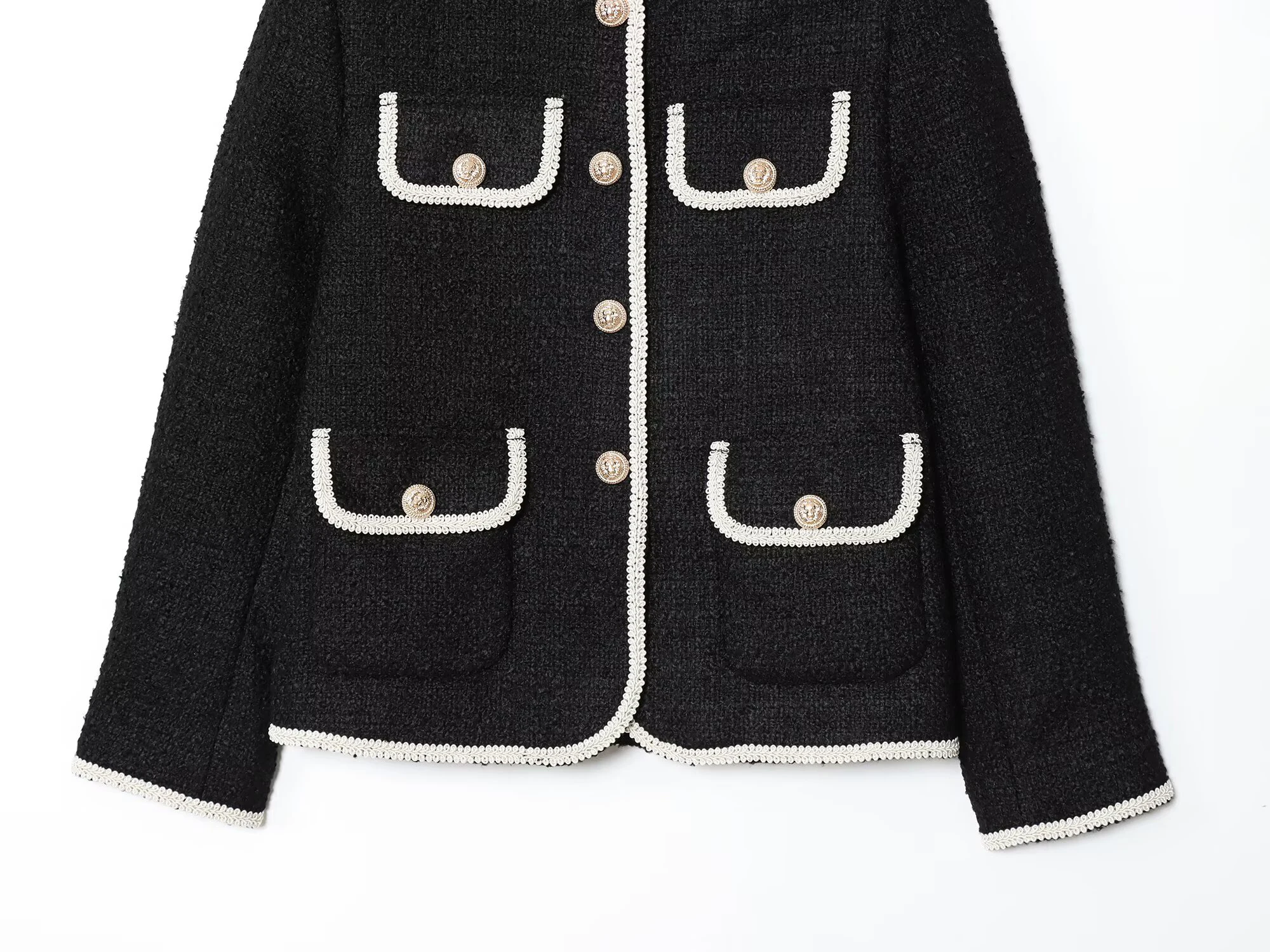 ZERAINS French temperament small fragrance style contrasting color round neck casual jacket spring new lace coarse woolen top