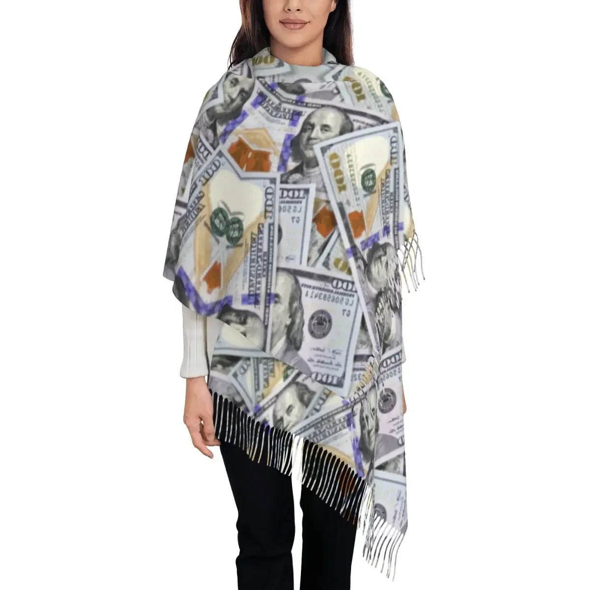 Шарф с стодолларовыми купюрами для женщин, длинные зимние теплые шаль с кисточками, унисекс, шарфы для денег Шарф с стодолларовыми купюрами для женщин, длинные зимние теплые шаль с кисточками, унисекс, шарфы для денег