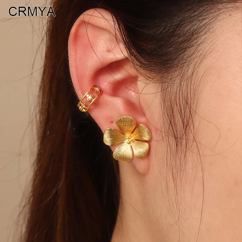 Crmya Gold-plated Flower Stud Earring for Women Zirconia No Piercing Clip Earrings Women Jewelry Accessories Wholesale