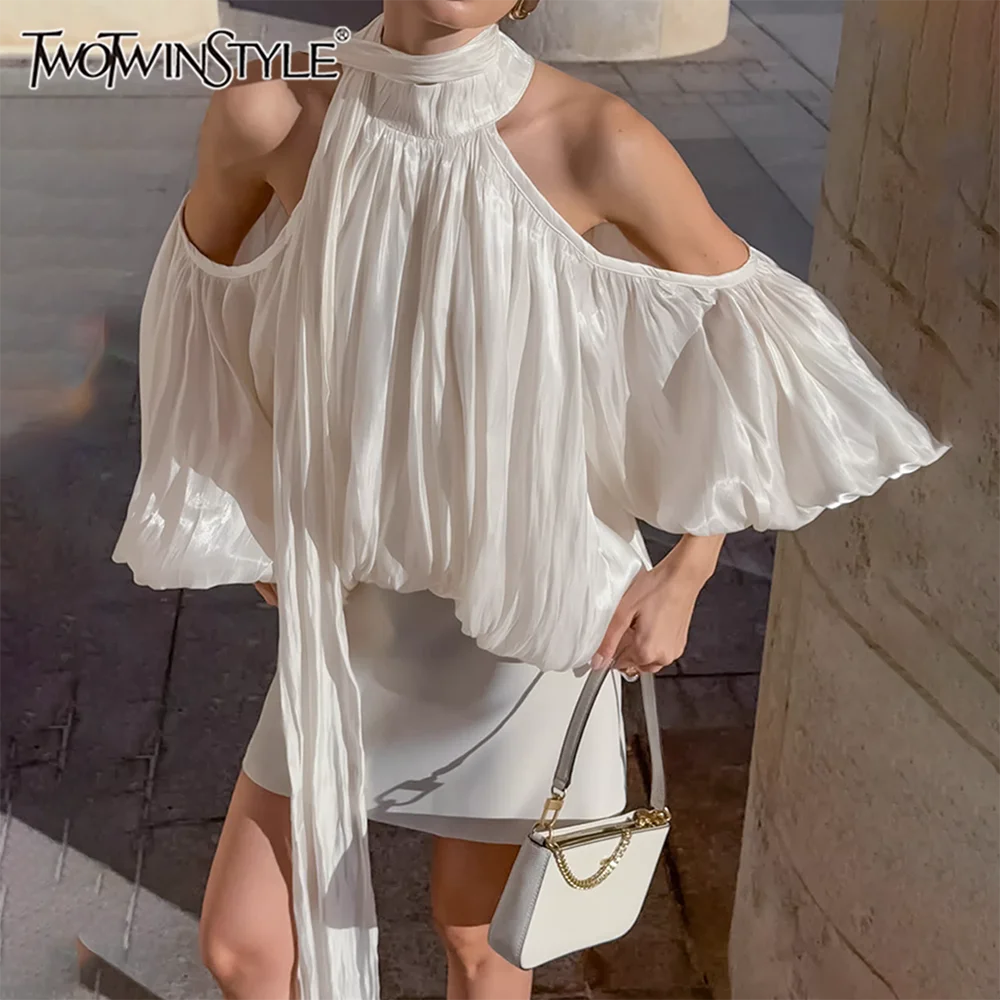 

TWOTWINSTYLE Elegant Sweet White Off The Shoulder Blouse for Women Stand Collar Long Sleeve Loose Ribbon Accent for Fashion Show