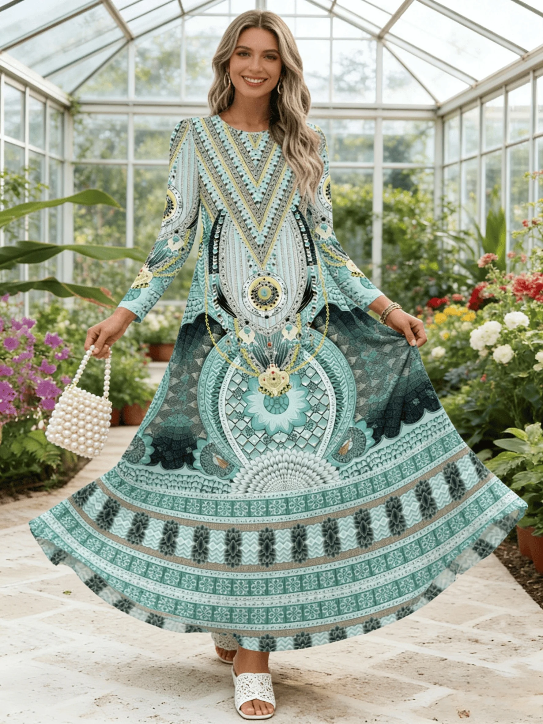 Damen-Kleid mit langen Ärmeln und Rundhalsausschnitt, ethnischer Druck, lässiges A-Linien-Midikleid, Sommer- und Herbstmode, Alltagskleidung, bequem