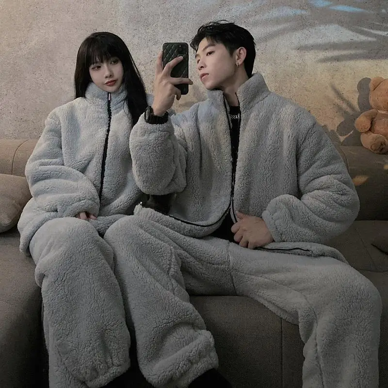 Couple Pajamas Women Autumn and Winter Coral Fleece Warm Suit Flannel Plus Velvet Thickening Men and Women\'s Home Service