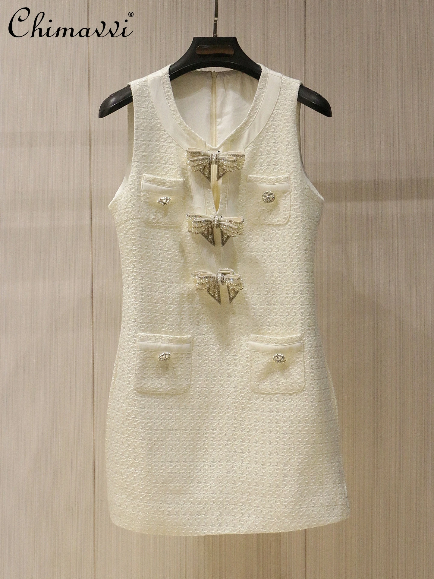 

High-end Heavy Industry Pearl Bow Vest Dress 2025 Summer New Fashion Crew Neck Sleeveless Elegant Party Short Dresses Women