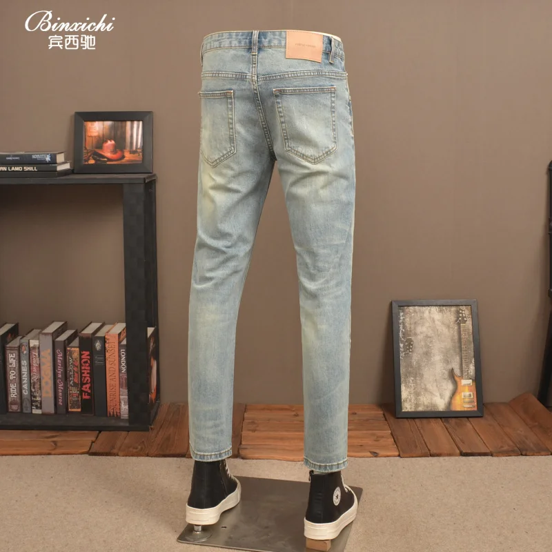 

Весенне-летние винтажные светлые укороченные джинсы, мужские эластичные маленькие прямые потертые повседневные длинные брюки