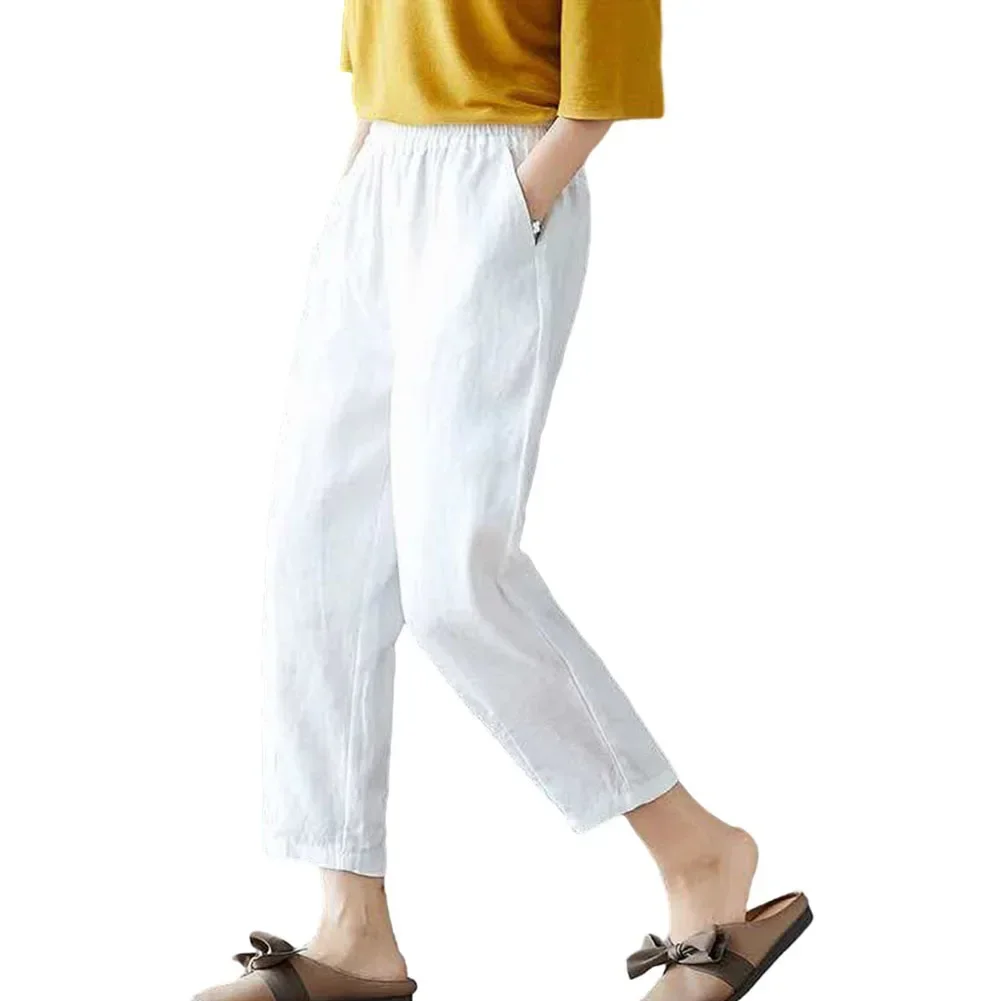 سراويل نسائية فضفاضة مرنة الخصر من الكتان القطني ، مريحة وأنيقة ، أ