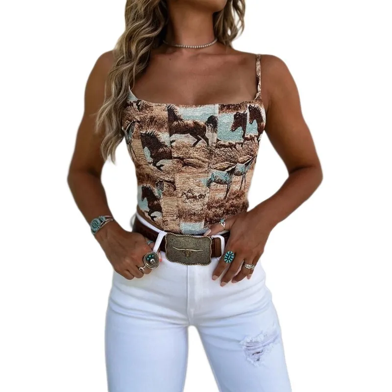 Printed Slim Fit Top Vintage Boho with Medium Stretch Short Length Spaghetti Strap Cropped Summer Country Style Women Tanks